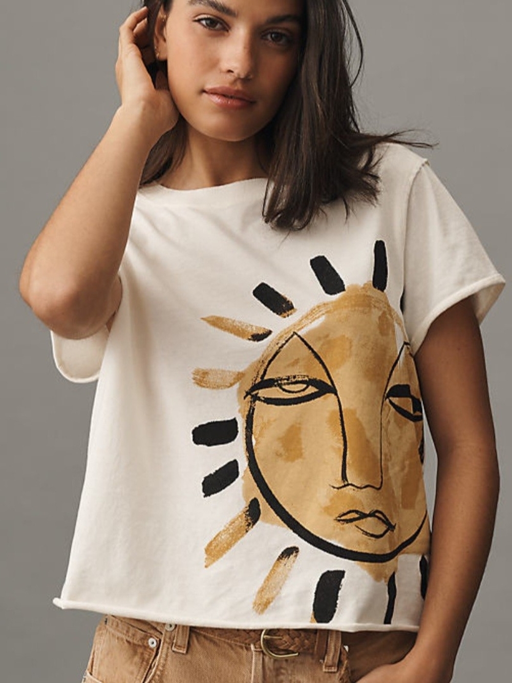 Anthropologie Cream Short-Sleeve Tee with Black & Gold Sun Face